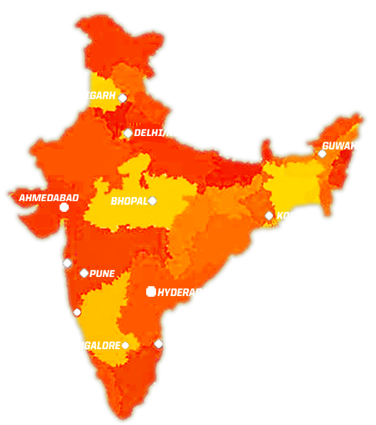 Map of India marking the cities listed on the 2016 Live Locations map